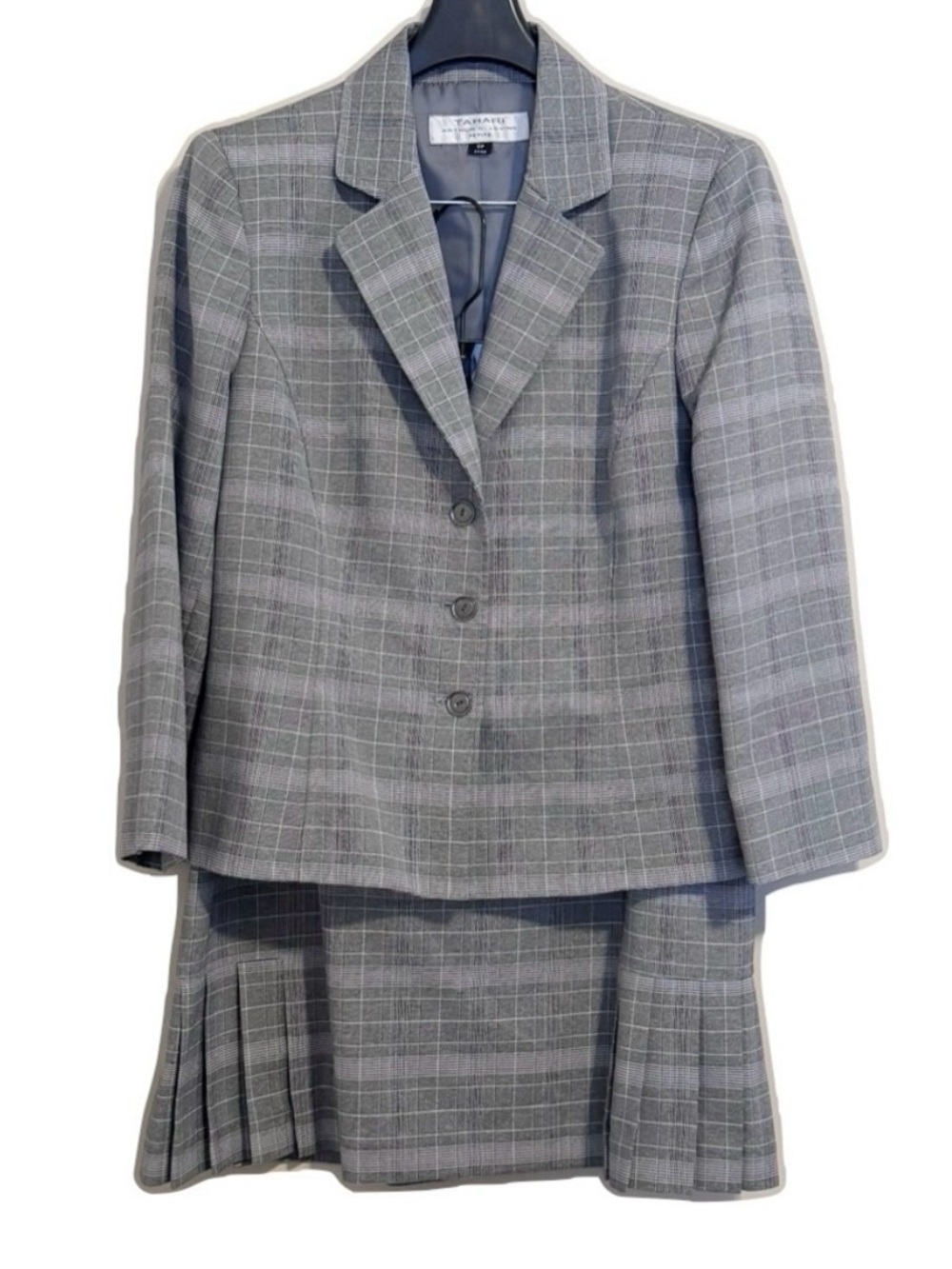 Tahari ASL 6P Skirt Suit Gray and Pink Glen Plaid